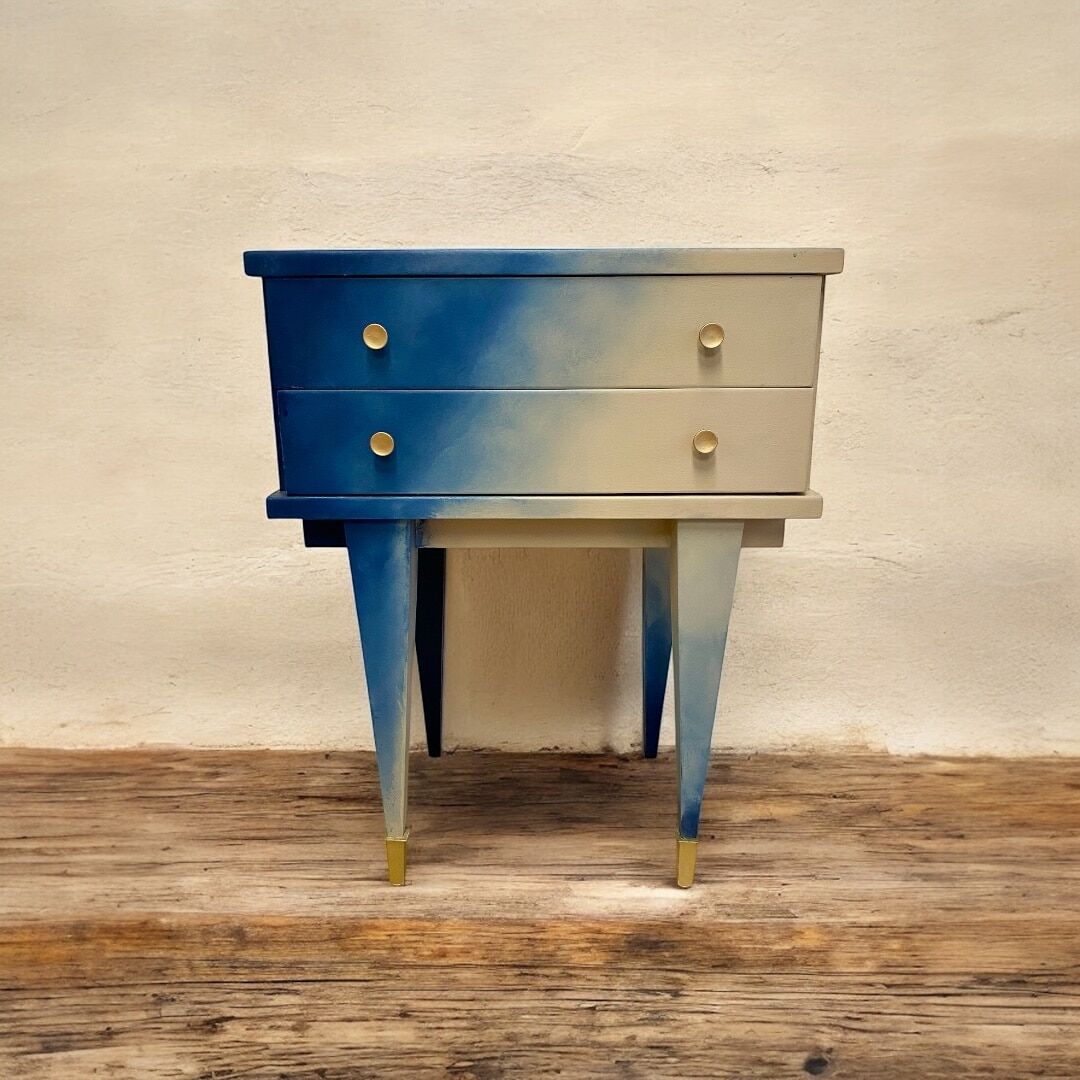 Navy blue and beige tie-dye bedside table