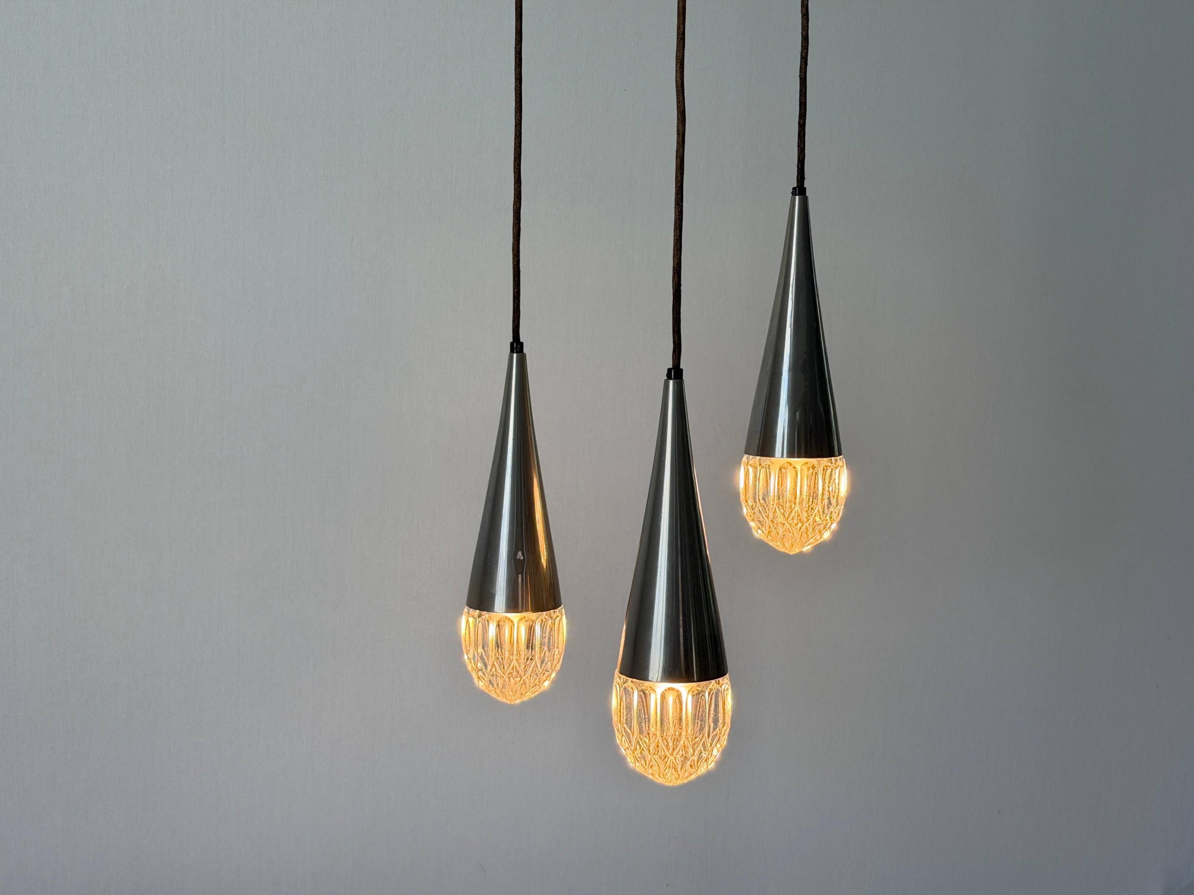 Suspended cascade lamp with 3 glass crystal shades and chrome, 1960s, Germany