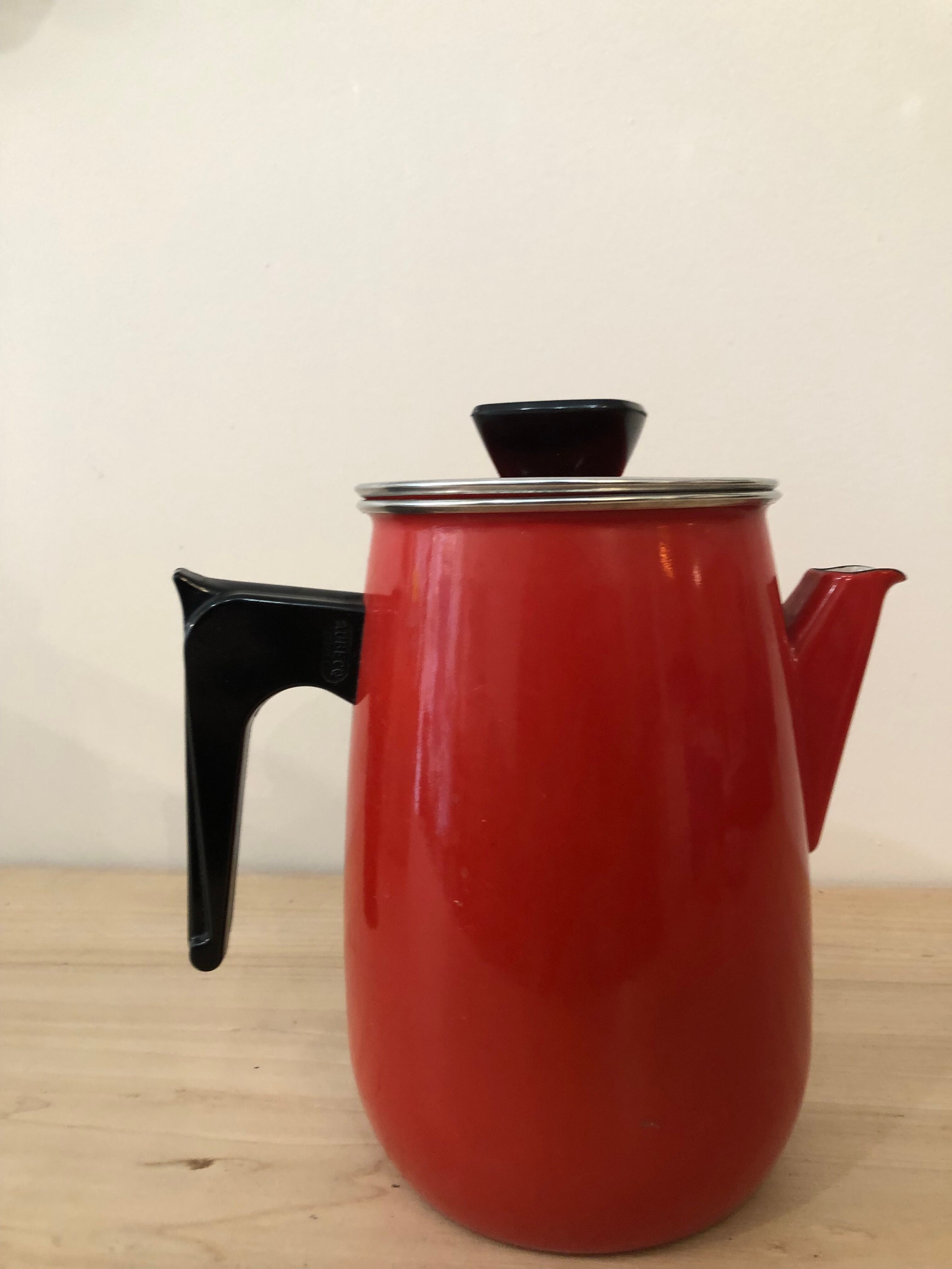 Red enamel coffee maker with filter