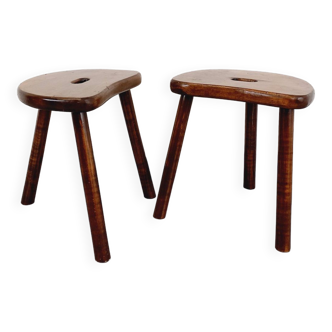 Pair of vintage brutalist tripod stools in solid fir wood from the 1950s