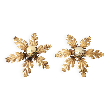 Ensemble de 2 appliques murales baroques en feuille d'or dorée Florentine Hans Kögl Italie