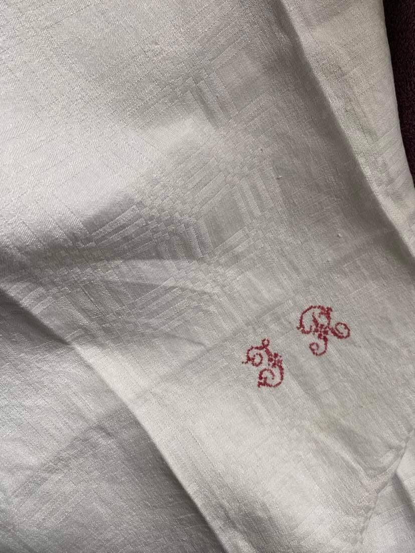 4 large damask tea towels JR monogram cross stitch.
