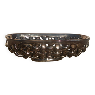 Rare Max Idlas Fruit Bowl - Woven Ceramic, Black Gilded Enamel - France, 1960s