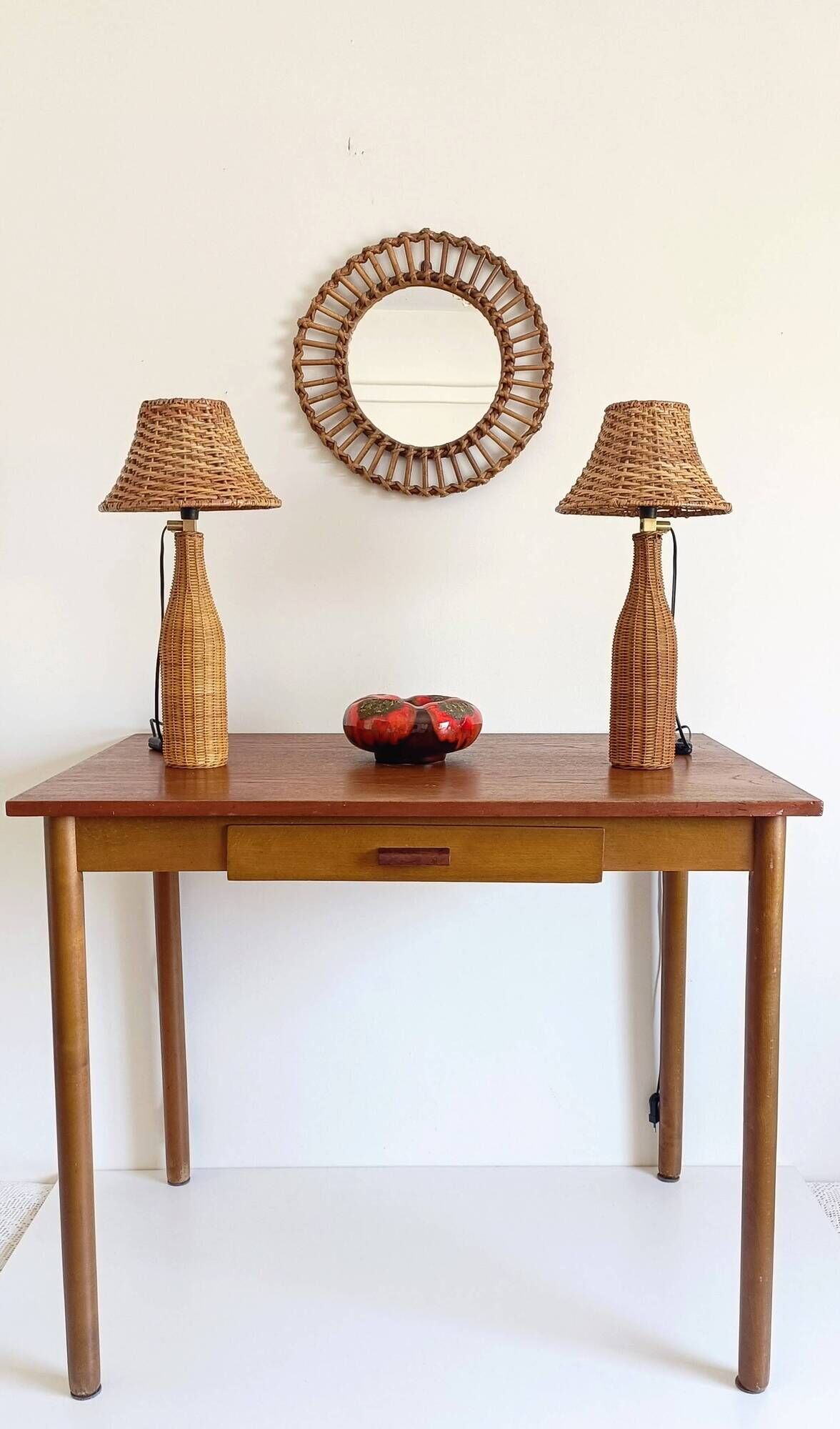 Pair of Table Lamps in Handwoven Wicker and Rattan, France, 1960s