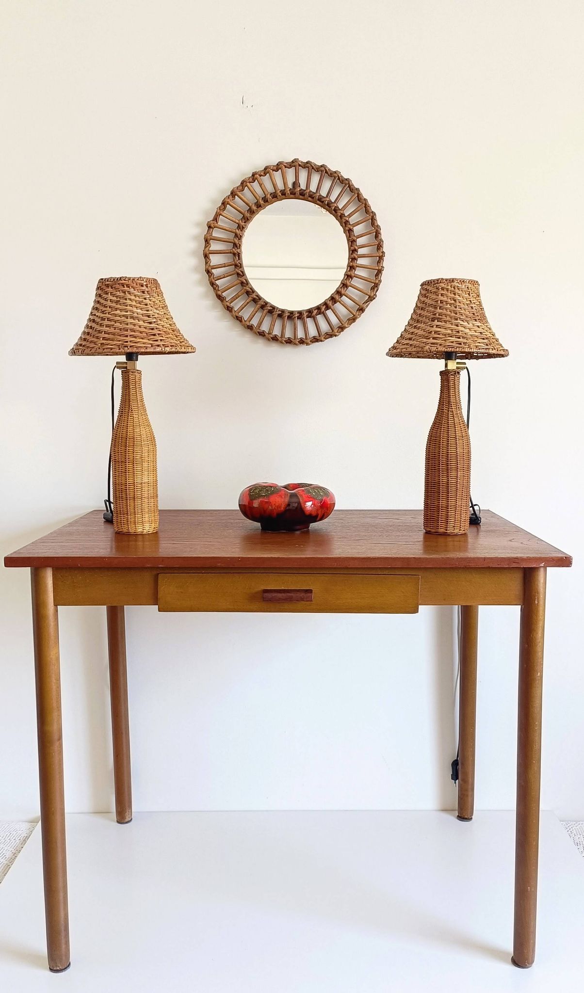 Pair of Table Lamps in Handwoven Wicker and Rattan, France, 1960s