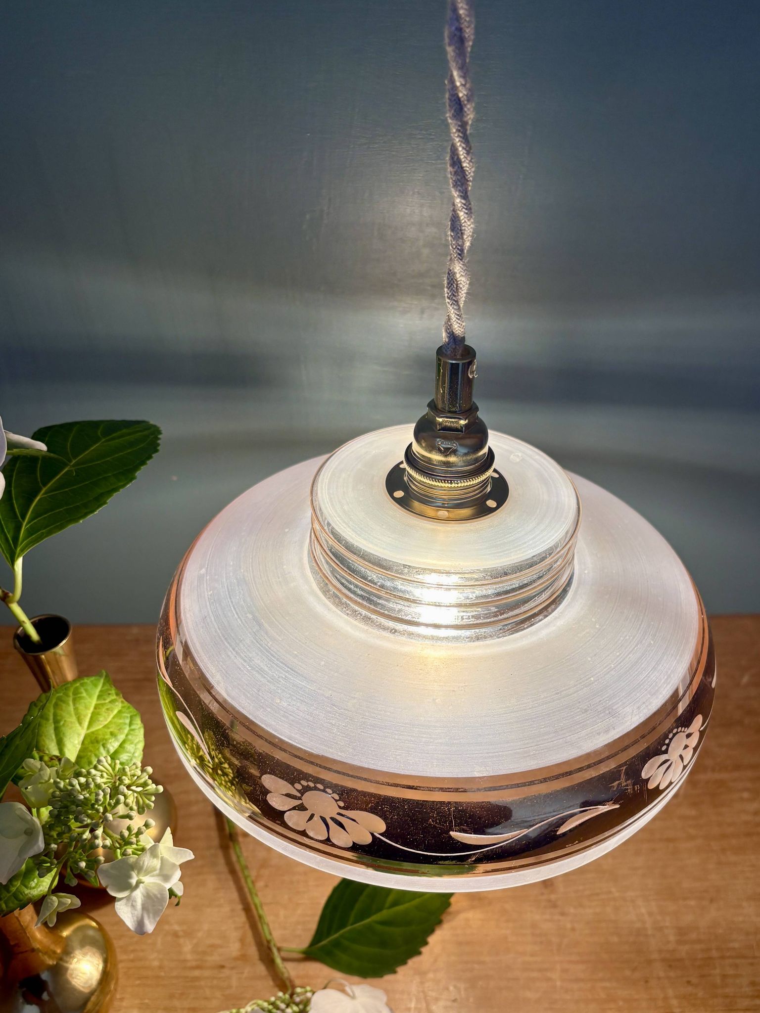 Vintage frosted glass pendant lampshade with gold frieze