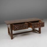 Table console espagnole ancienne en bois de chêne, avec 2 grands tiroirs du 18ème siècle.