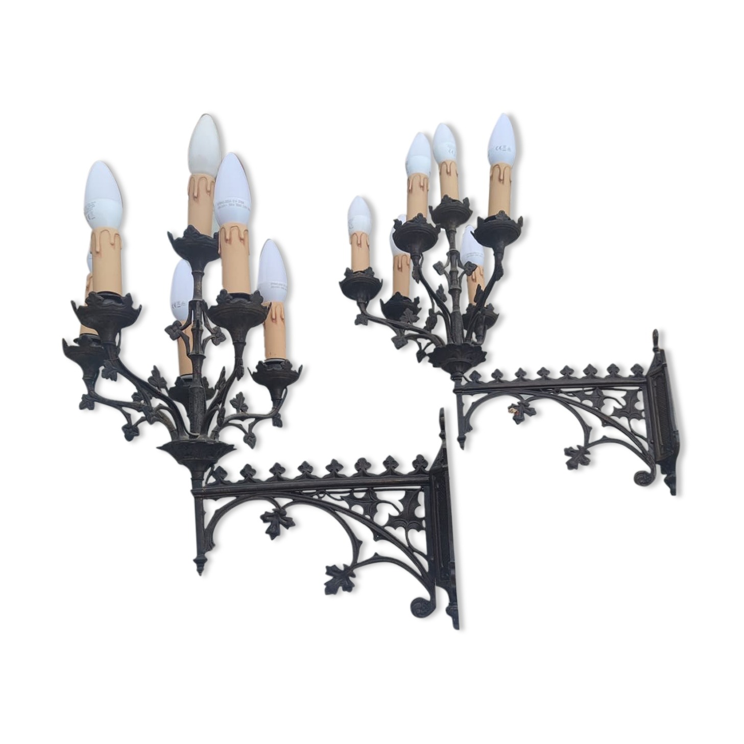 Pair of 19th-century bronze cathedral wall sconces with 5 lights