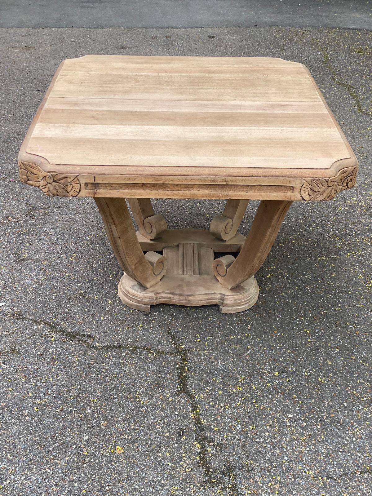 Rectangular Art Deco dining table with a central pedestal, renovated in solid oak.
