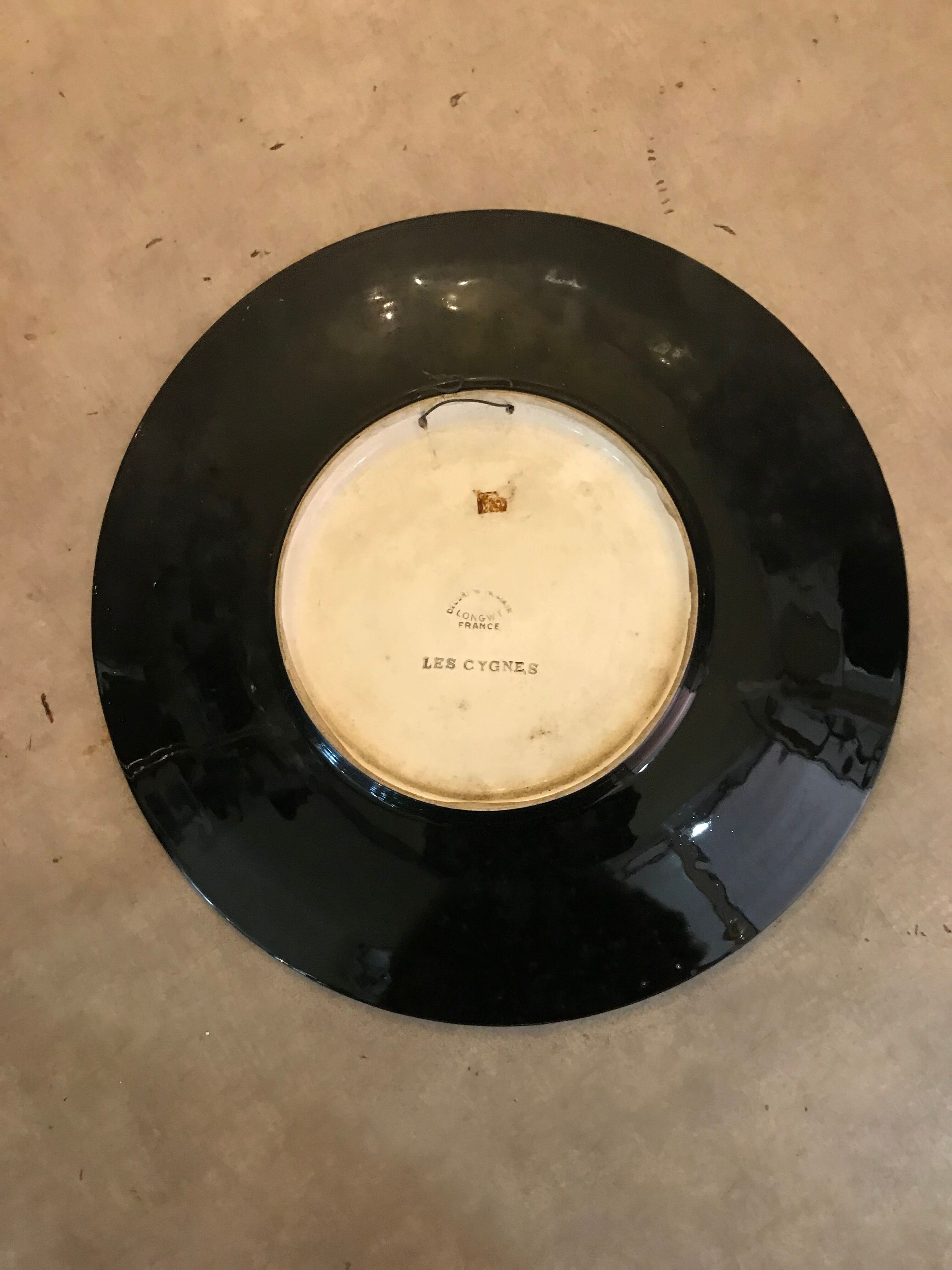 Dish faience de longwy signs l. valenti decor of authentic swans 60s