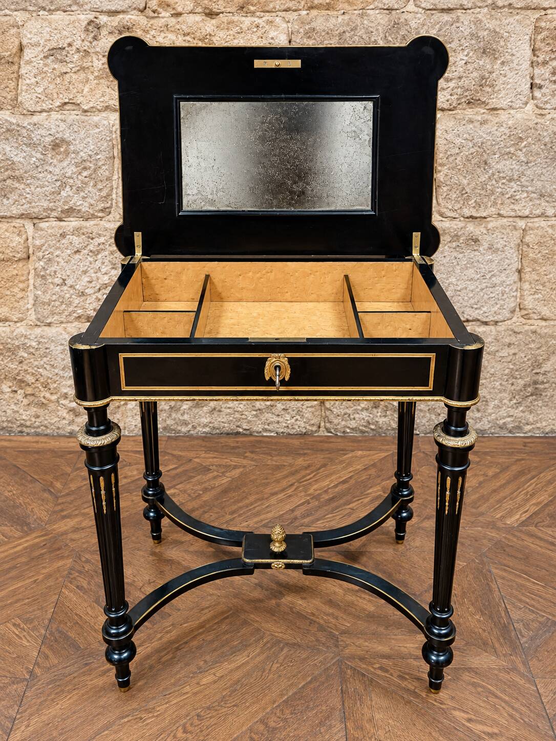 Work table/vanity in blackened wood and marquetry – Napoléon III period