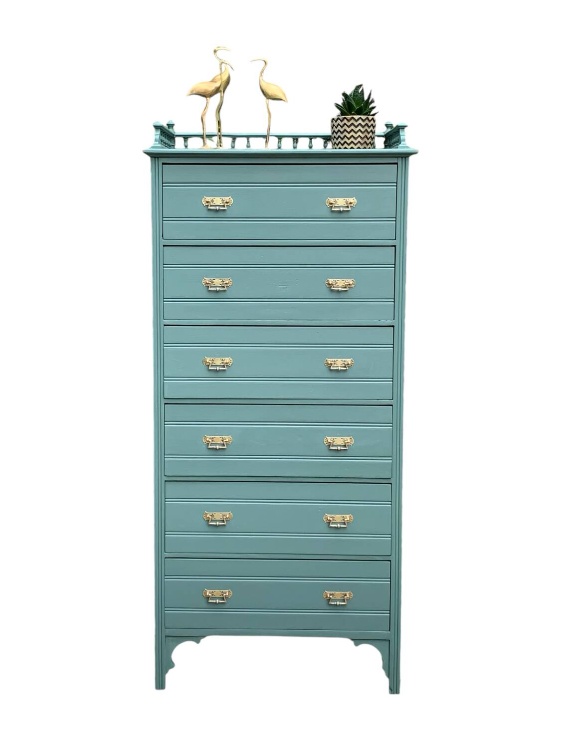 Old grey green high chest of drawers H160
