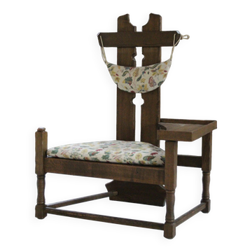 Rare Dutch brutalist oak armchair with integrated side table – 1950s