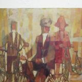 Tableau huile vintage cycliste sur son vélo Italie milieu 20ème siècle signé tableau XM