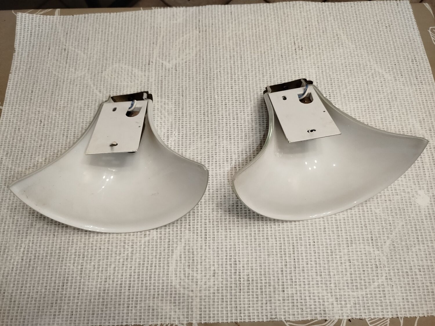Pair of Italian wall sconces, frosted glass, brass.