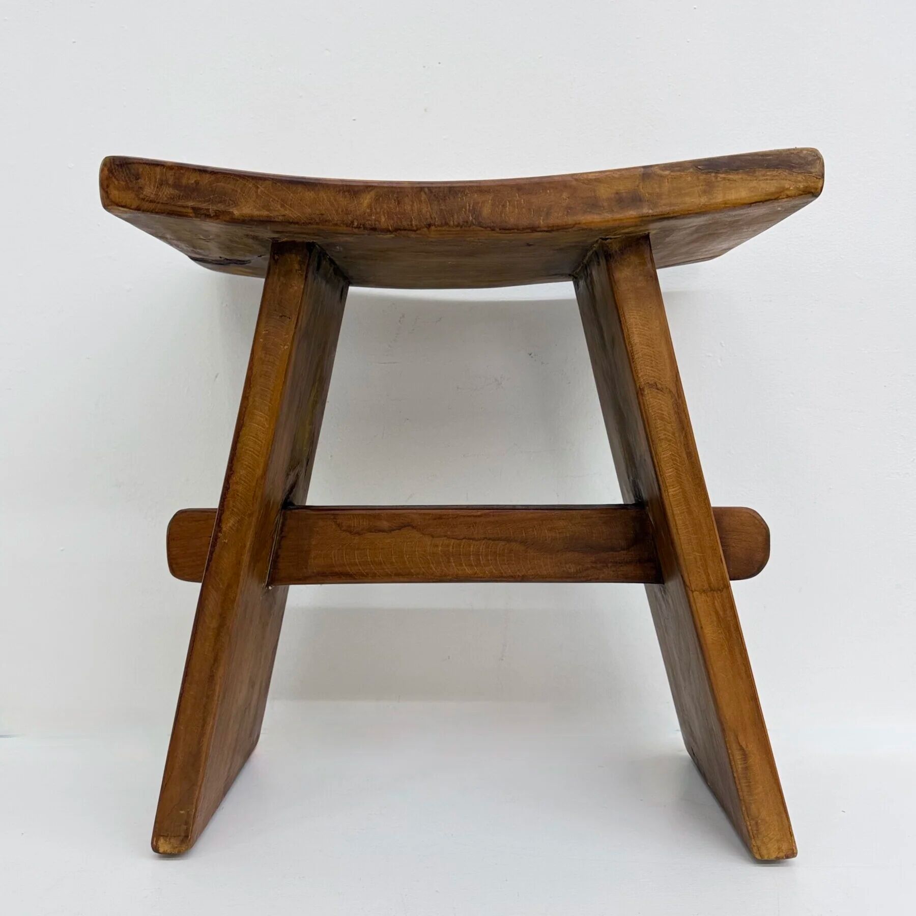 Brutalist Japandi style solid wooden stool, 1970s