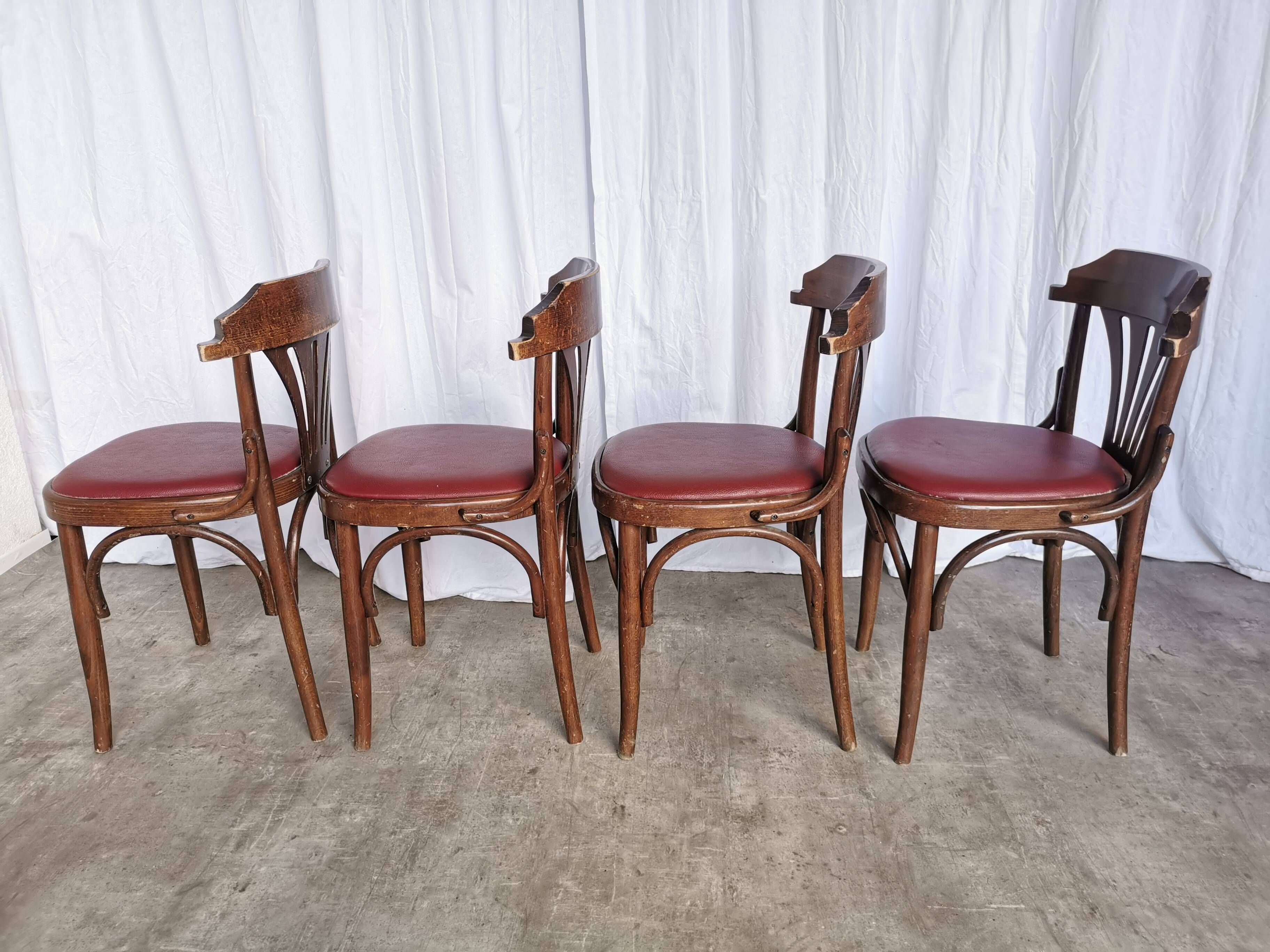 Vintage Bentwood Dining Chairs - Thonet Style - Red Faux Leather - Set of 4