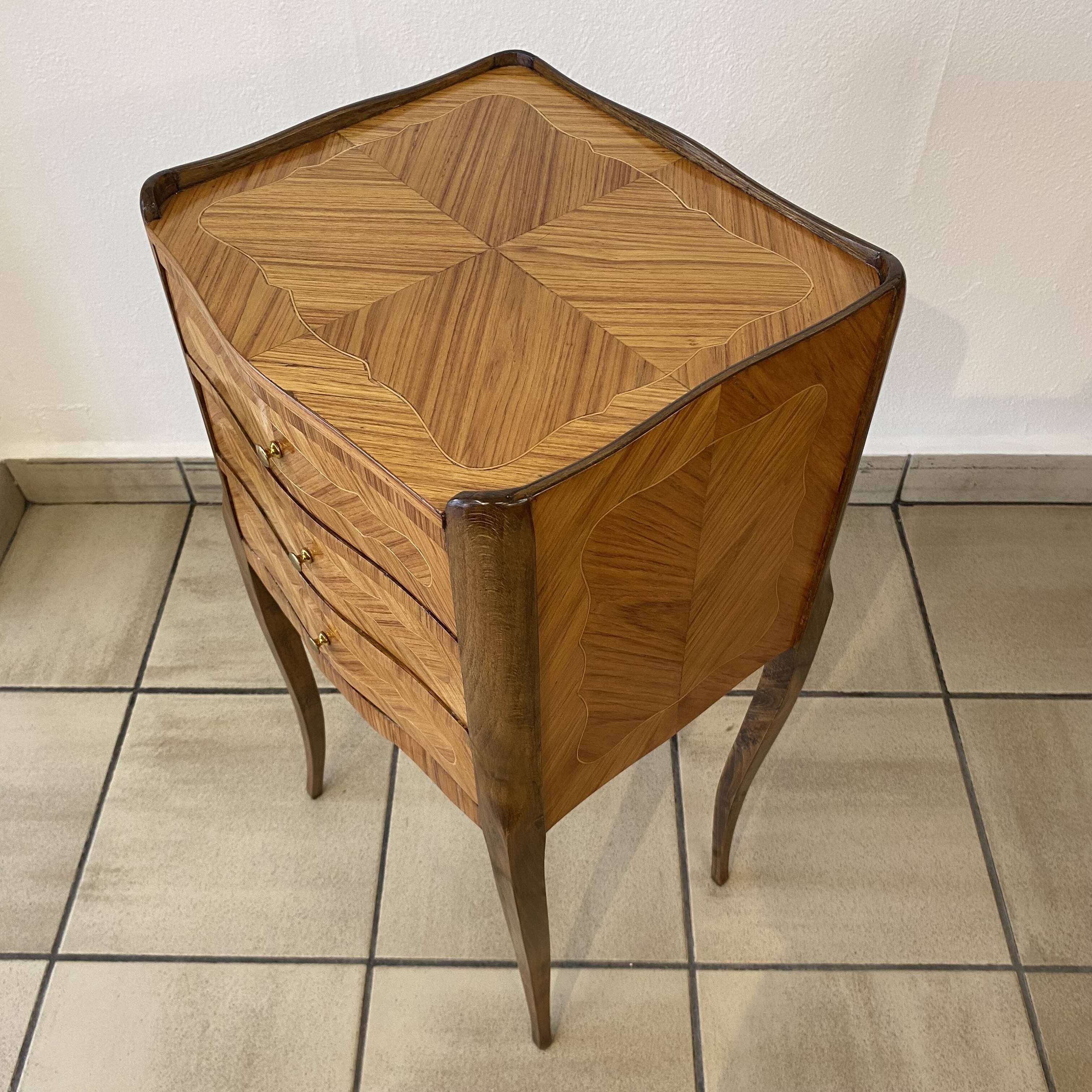 Louis XV style bedside table, restored, rosewood marquetry