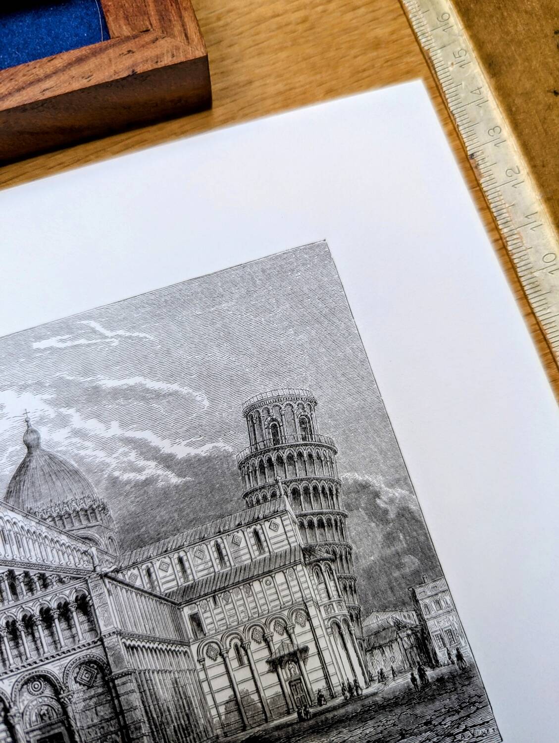 Pisa, Italy, the Cathedral and the tower. Antique engraving, 1867.