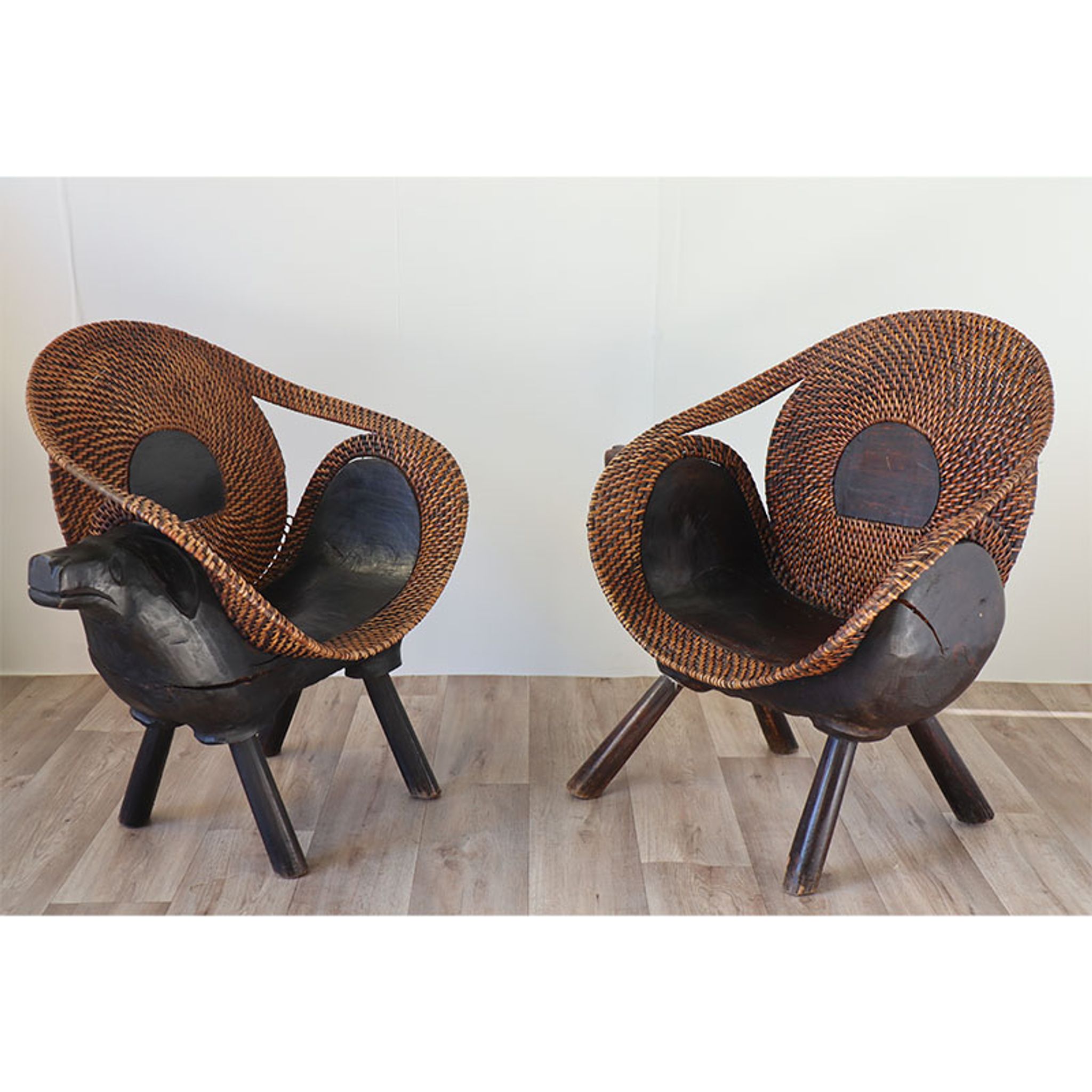 Pair of vintage armchairs carved wood and rattan 1960