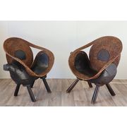 Pair of vintage armchairs carved wood and rattan 1960