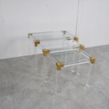 Set of 3 lucite and brass nesting tables, 1970s