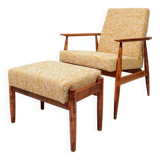 Scandinavian armchair and foot rest yellow mellow Boho upholstery fabric
