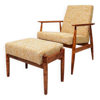 Scandinavian armchair and foot rest yellow mellow Boho upholstery fabric