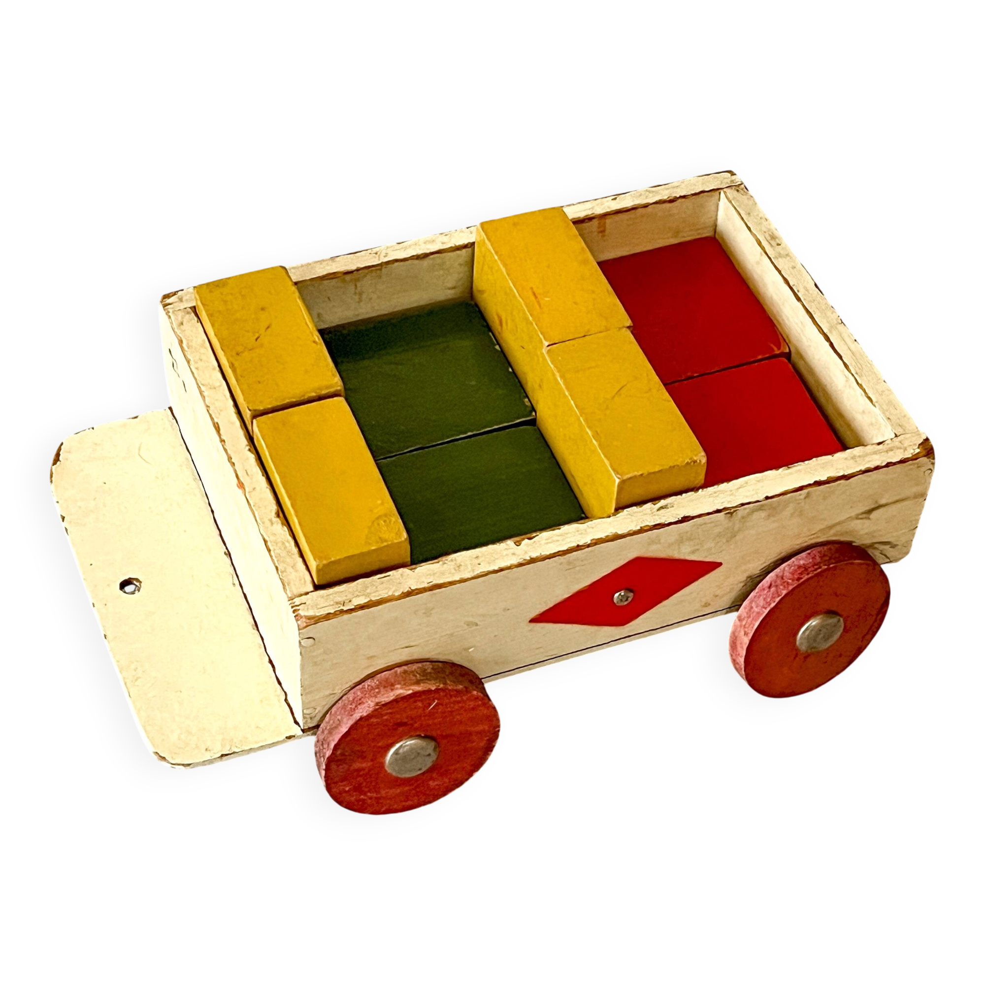 Wooden pull-along toy with coloured blocks, vintage toy.