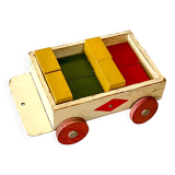 Wooden pull-along toy with coloured blocks, vintage toy.