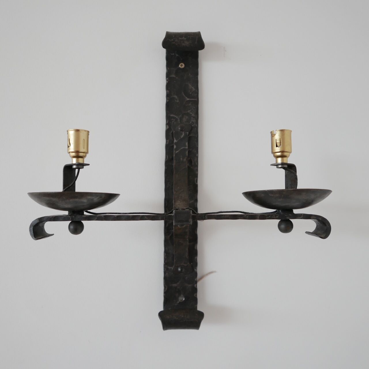 Brutalist iron mid-century french double arm wall light