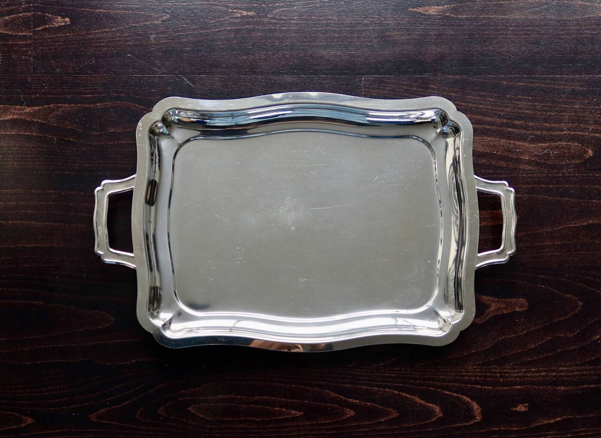 Vintage rectangular tray in shiny silver metal - Bistro style