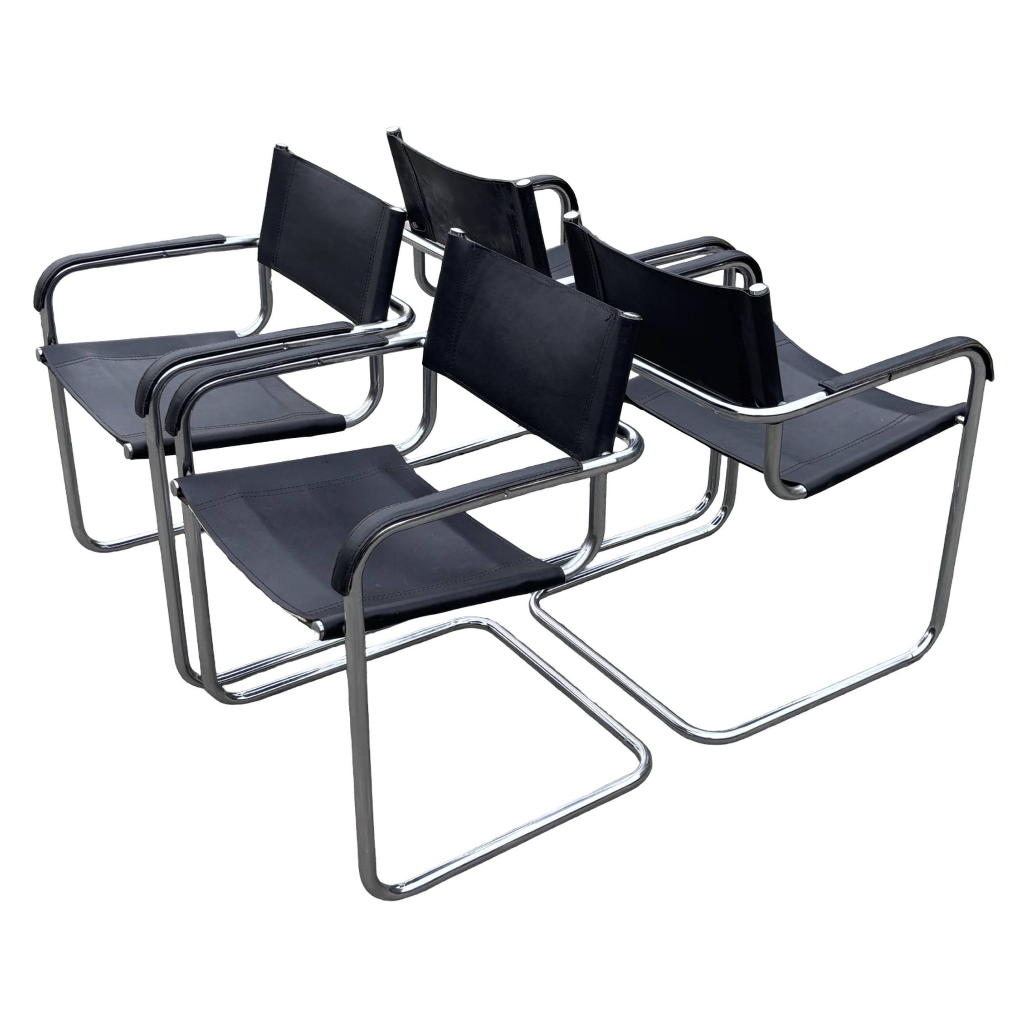Set of 4 bauhaus cantilever chairs black leather and chrome design 80's
