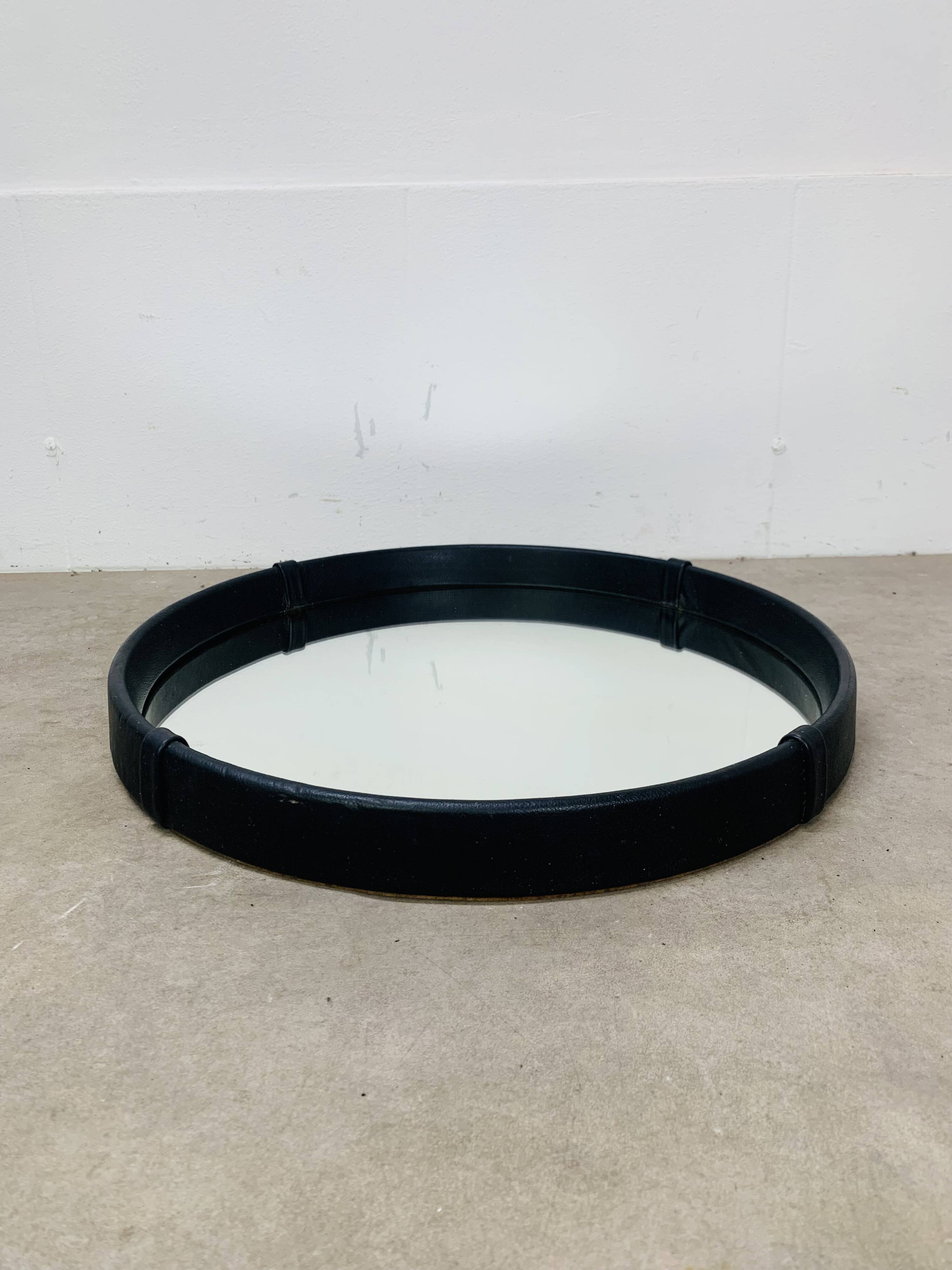 Black faux leather framed mirror, 1950s