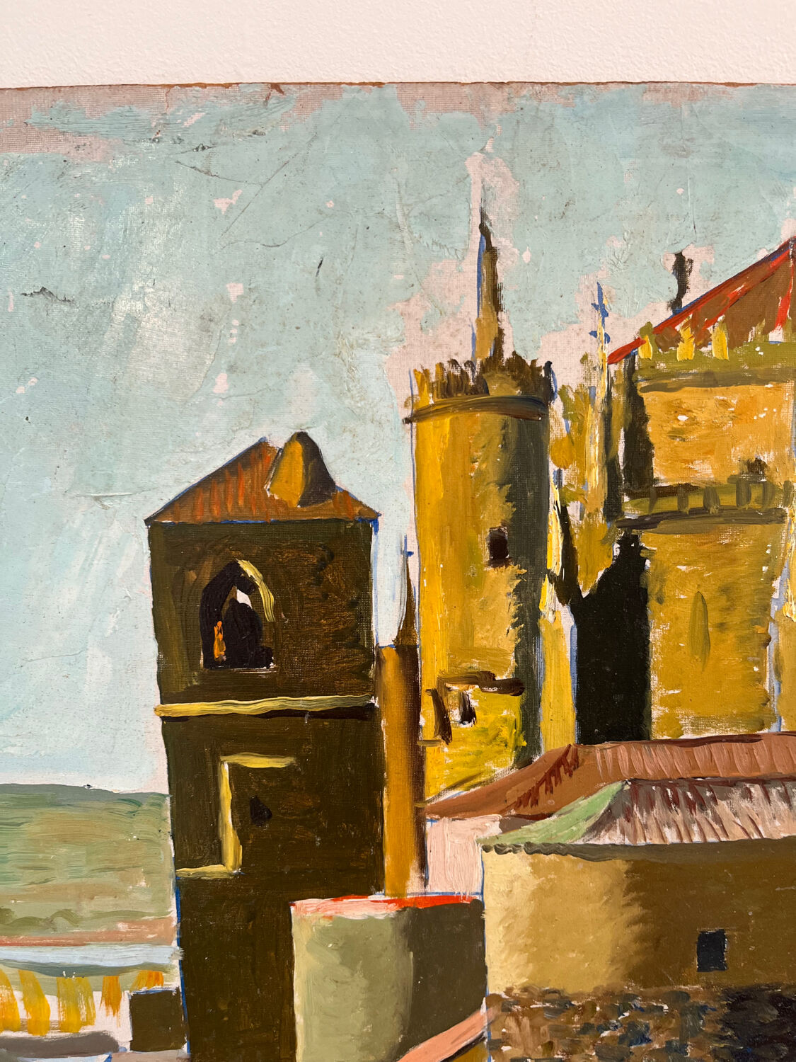 Castle in the rooftops, oil on wood panel, signed JA Dompierre.