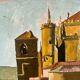 Castle in the rooftops, oil on wood panel, signed JA Dompierre.