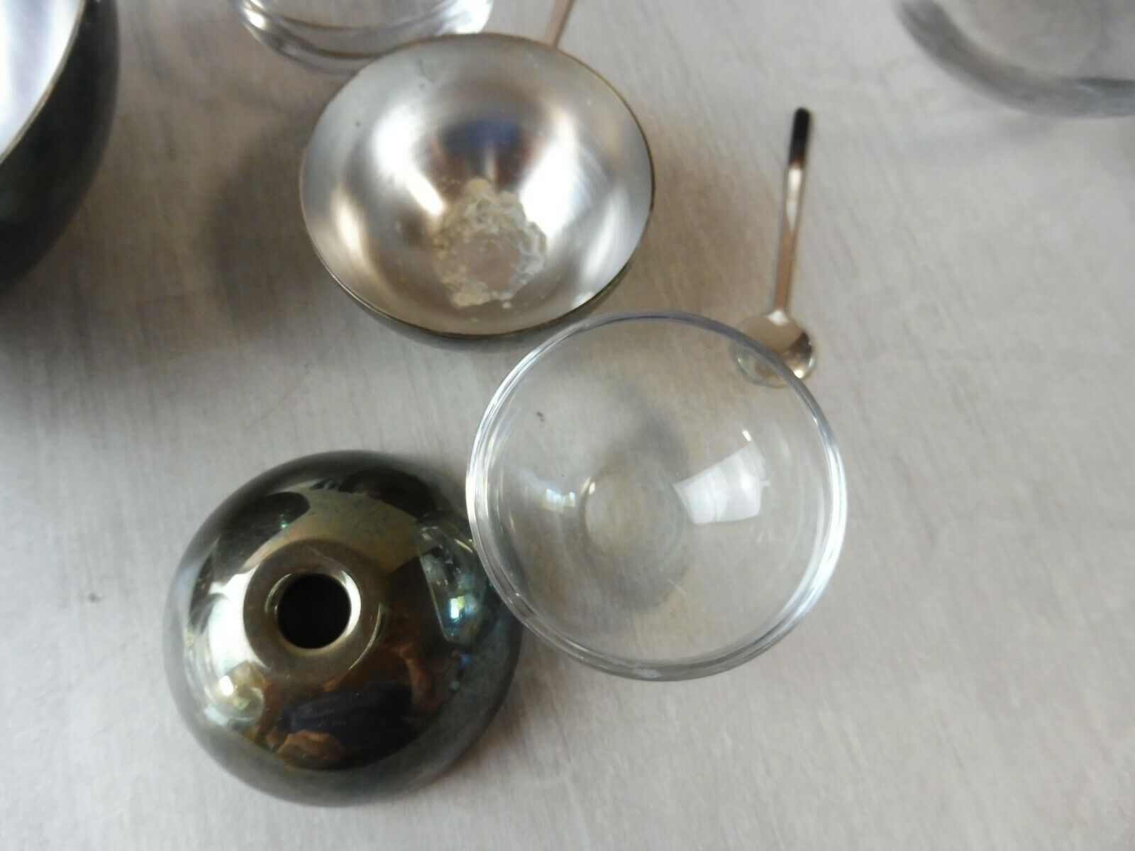 Old breakfast service, confectioner, sugar bowl, silver metal ball + glass