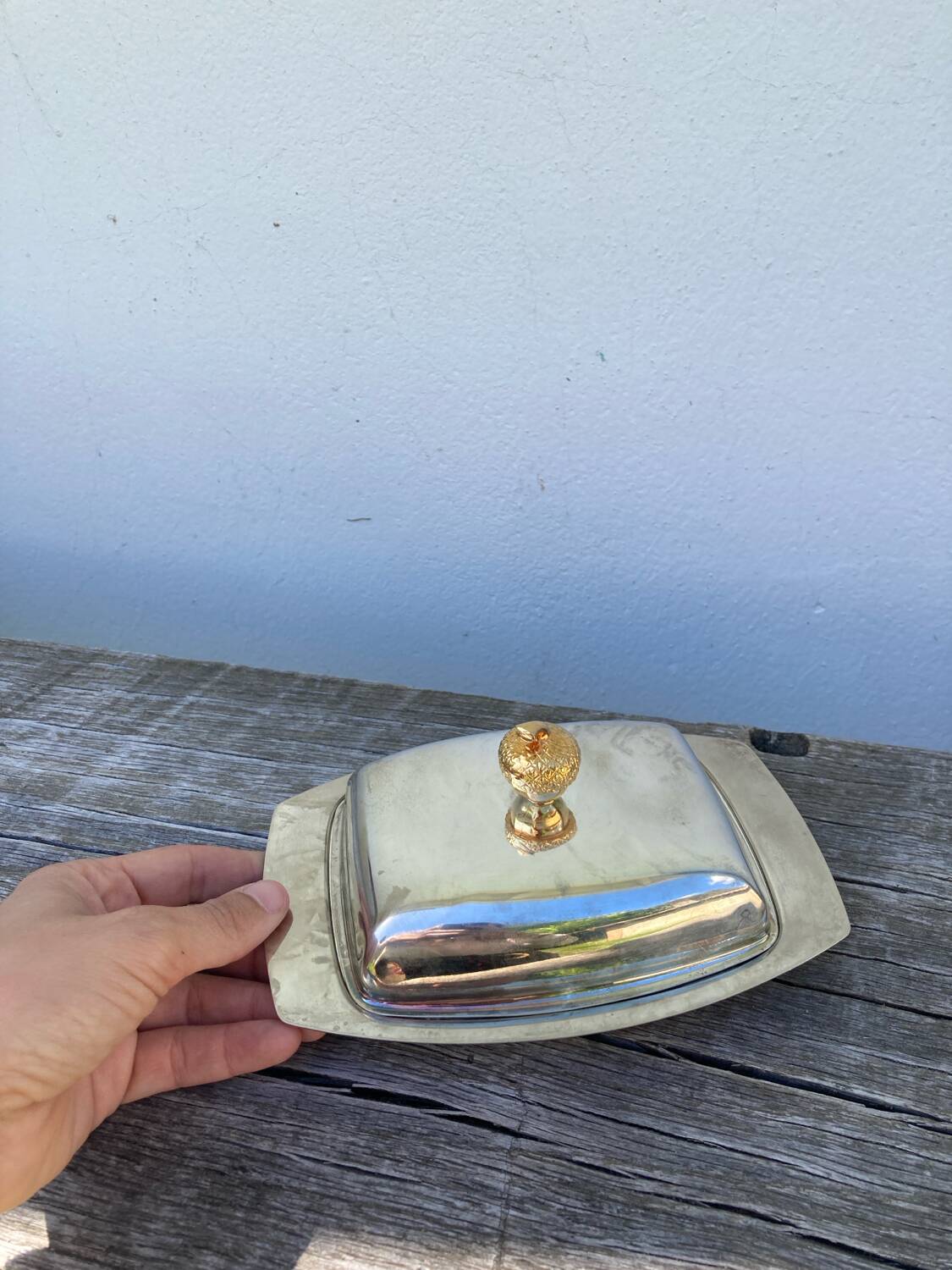 Acorn silver metal butter dish