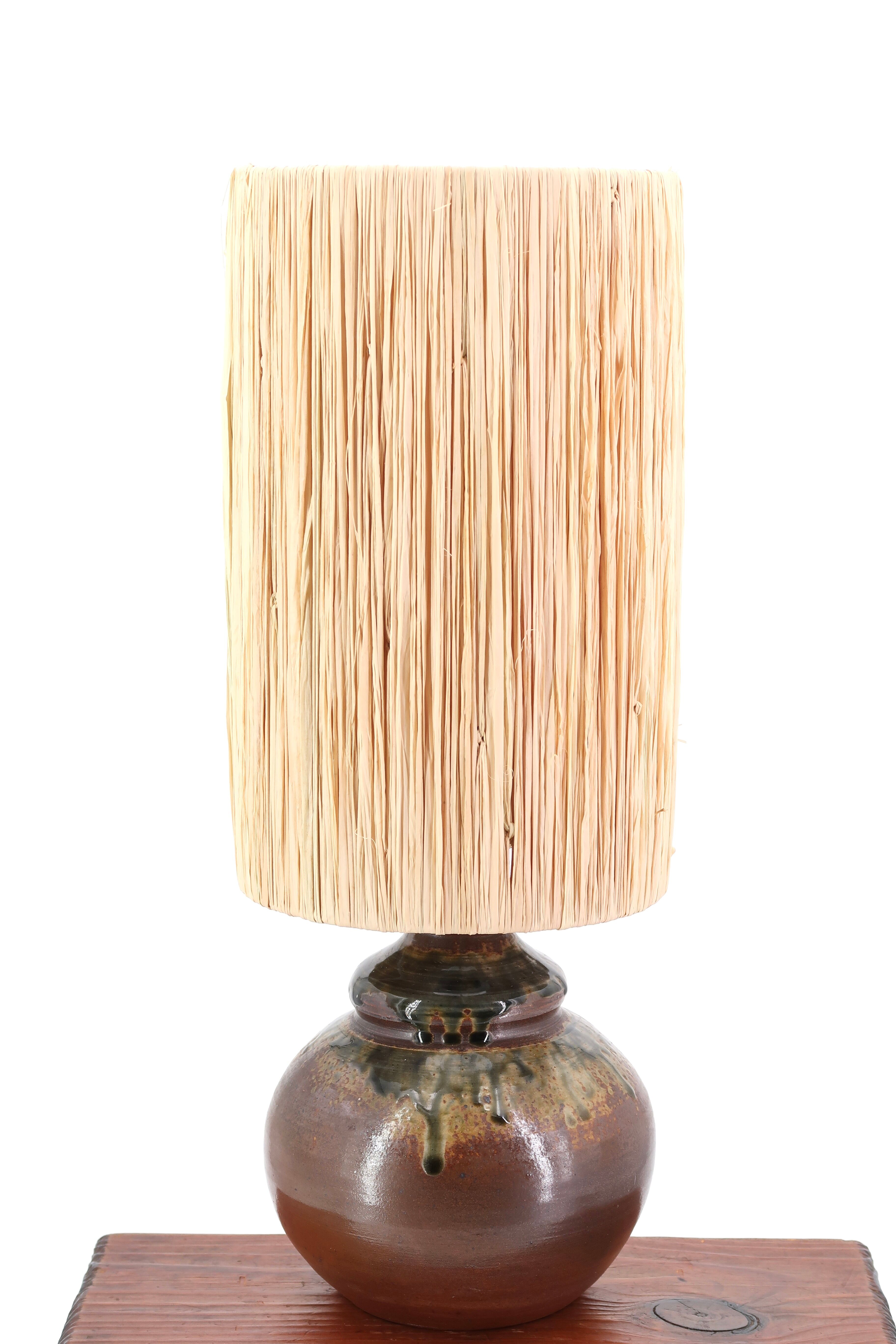 Puisaye stoneware lamp, raffia lampshade, 70s
