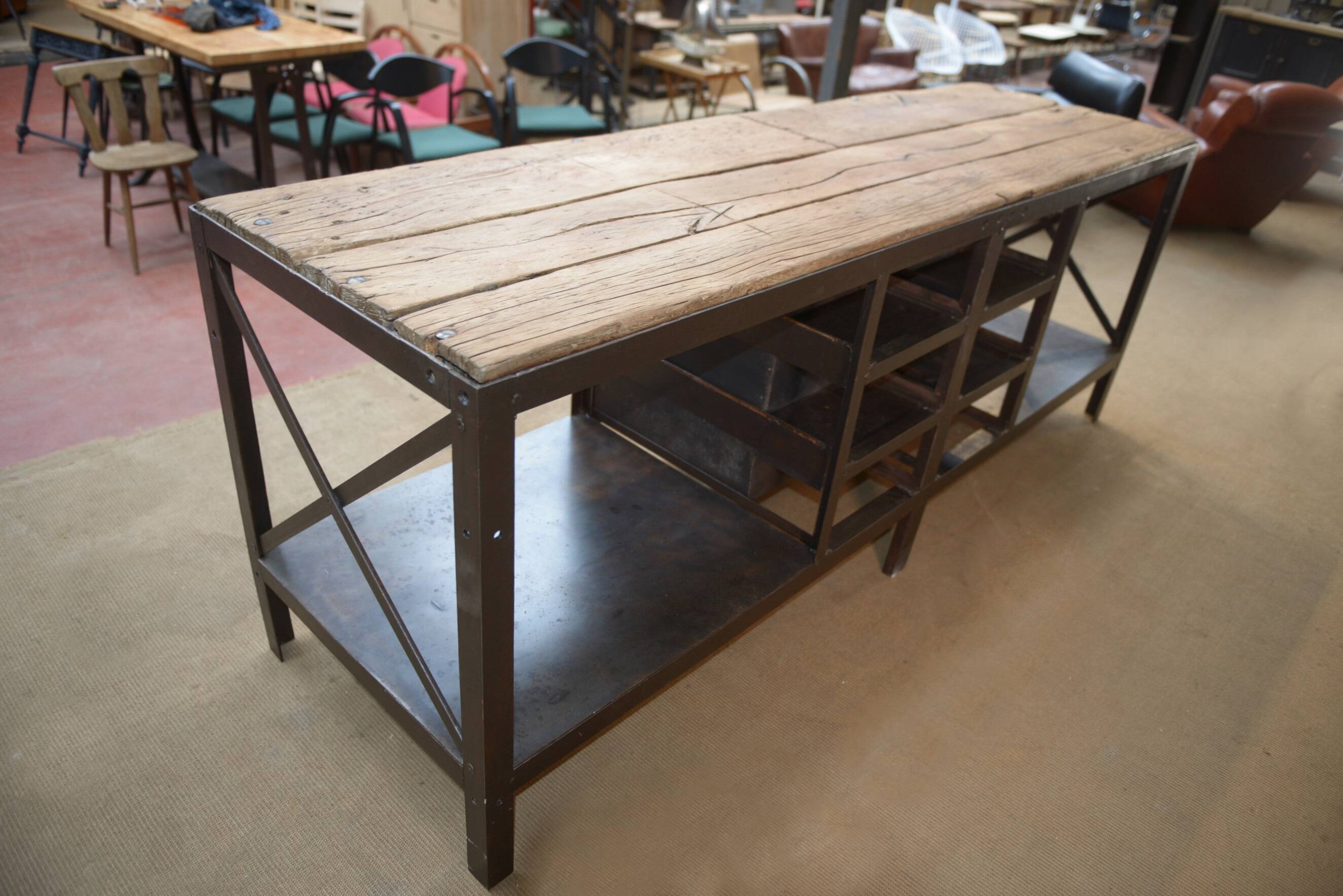 Industrial sideboard from metal and wood factory 1950
