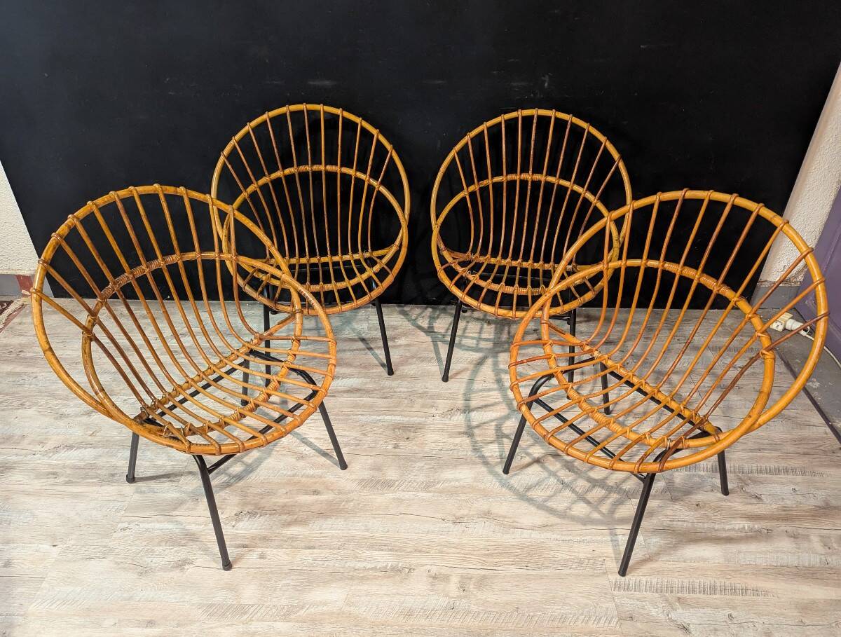 Set of four rattan armchairs, 1950s-1960s design