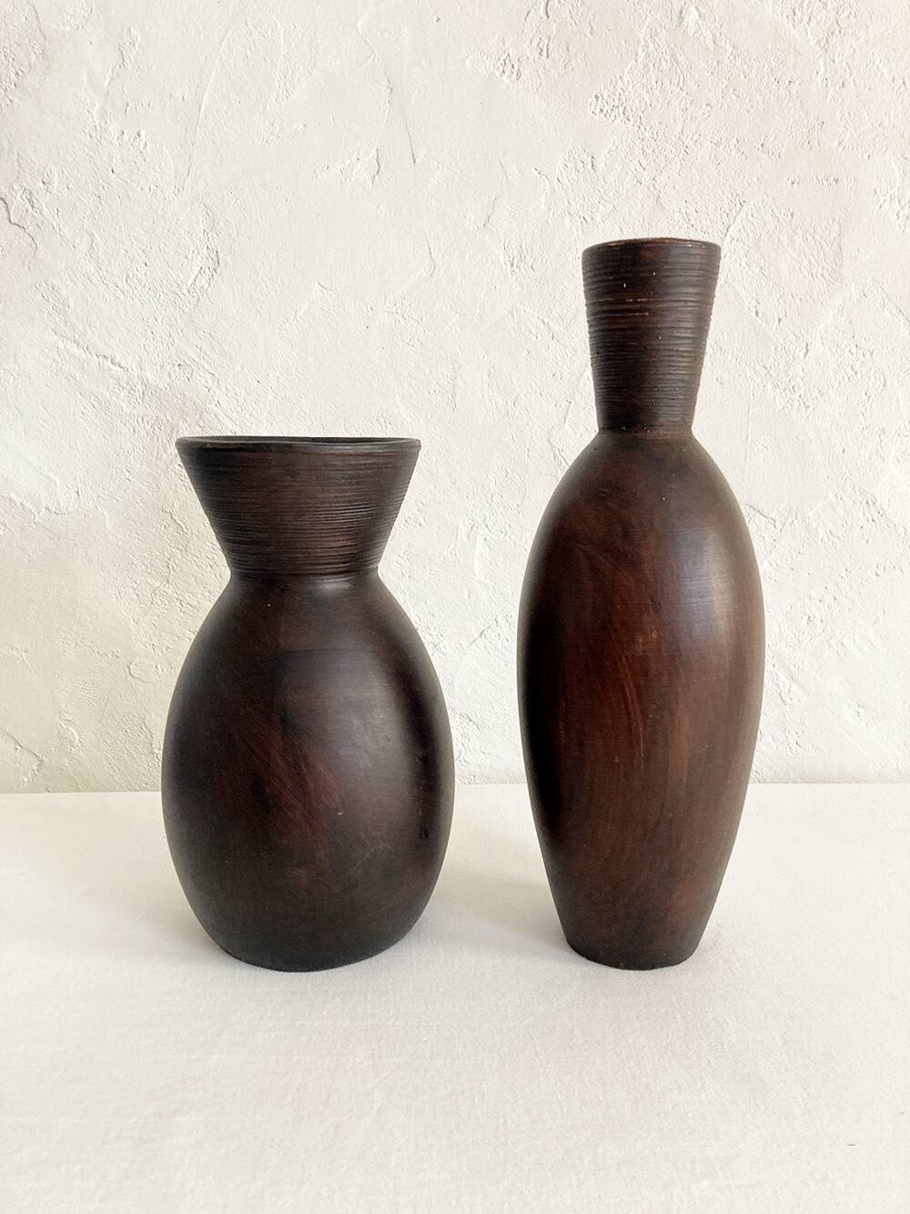 Ceramic vase painted brown (wood effect), elongated model