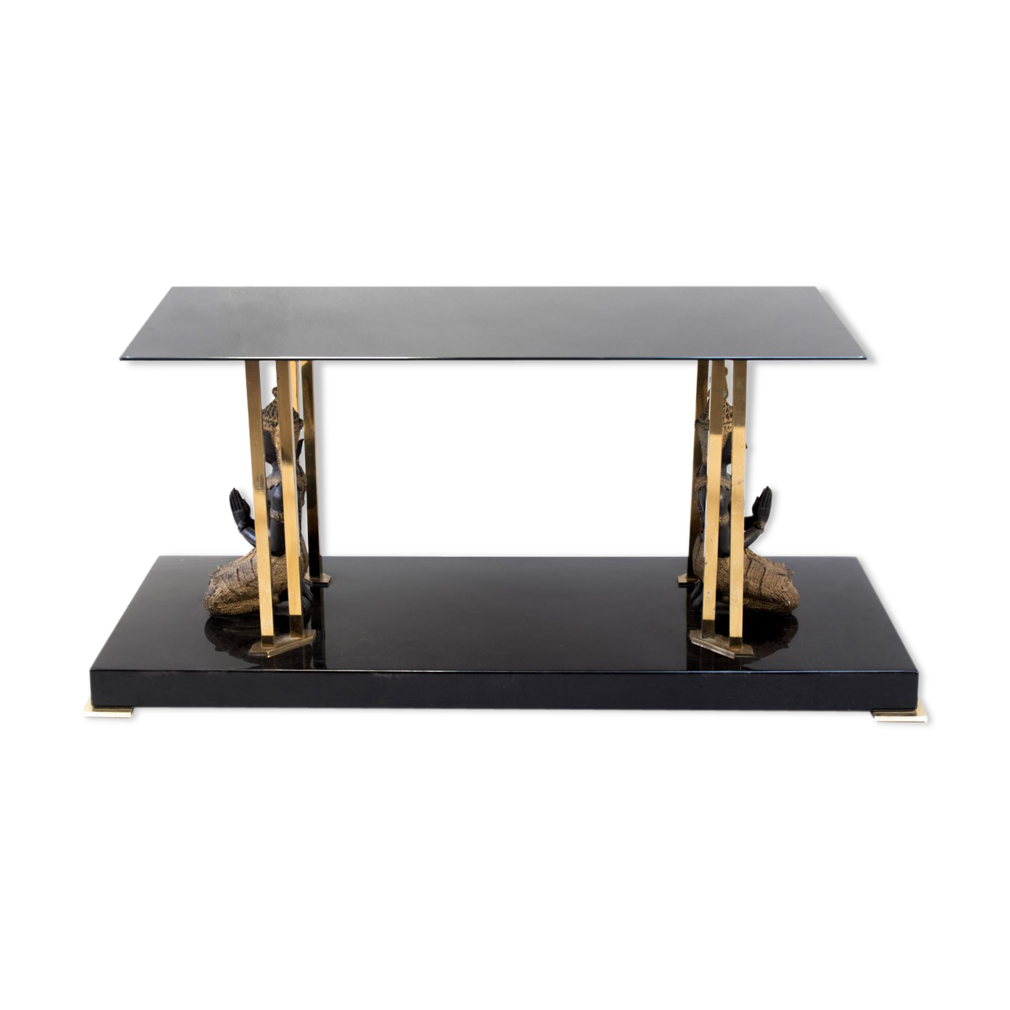 Coffee table in black hairspray, glass and gilded brass, 1970s