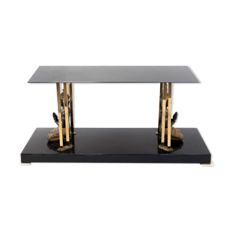 Coffee table in black hairspray, glass and gilded brass, 1970s