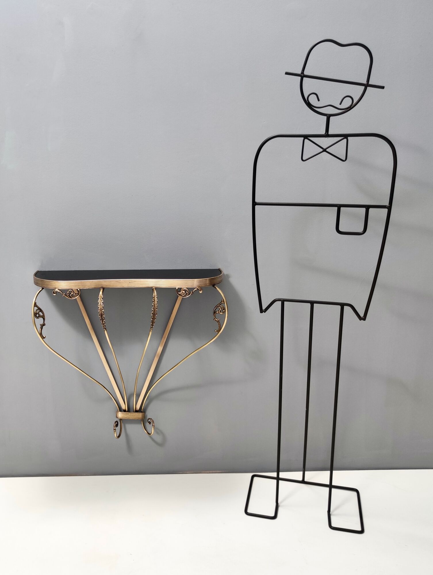 Vintage Wall Mounted Brass Console Table With Demilune Black Glass Top, Italy
