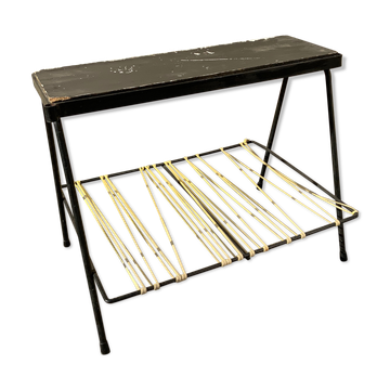 Bout de canapé vintage porte revue tablette bois scoubidou et support lampe