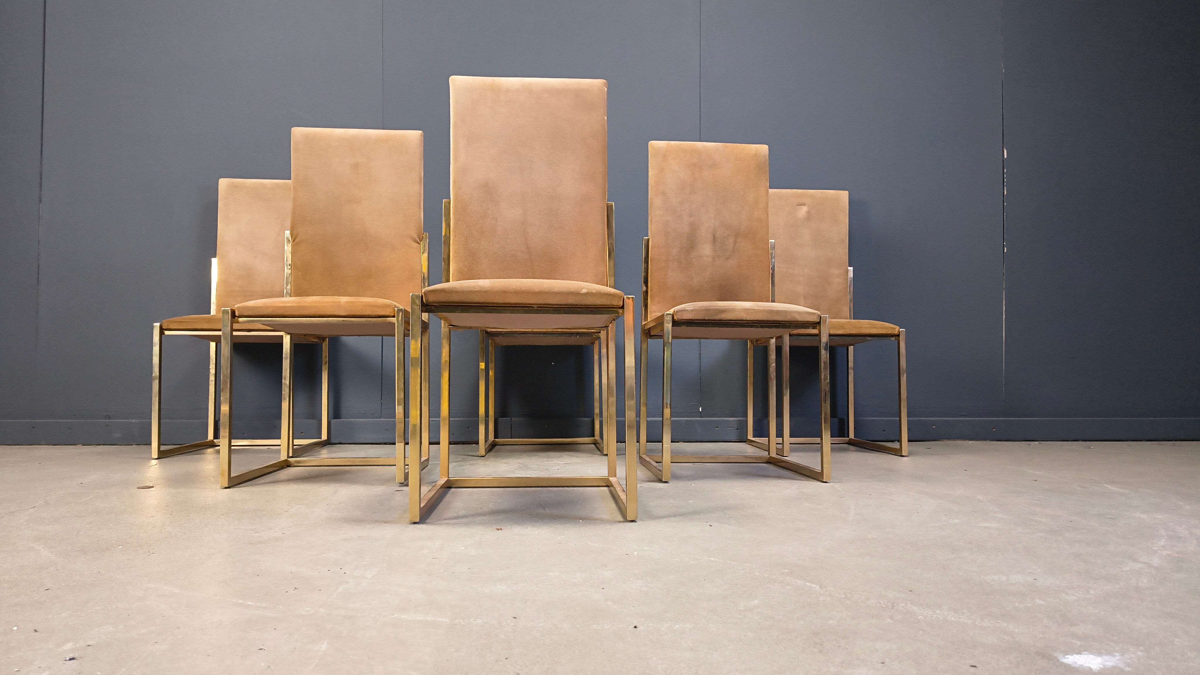 Vintage brass and alcantara dining chairs by Belgochrom, 1970s