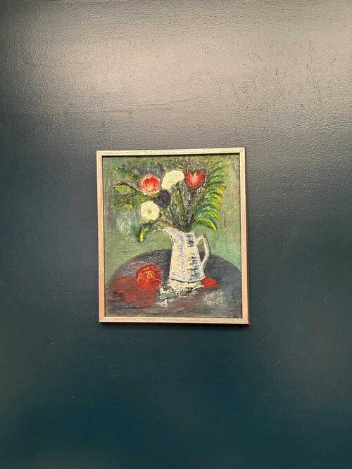 Huile sur toile originale suédoise – « Nature morte avec vase et fruits » – Signée