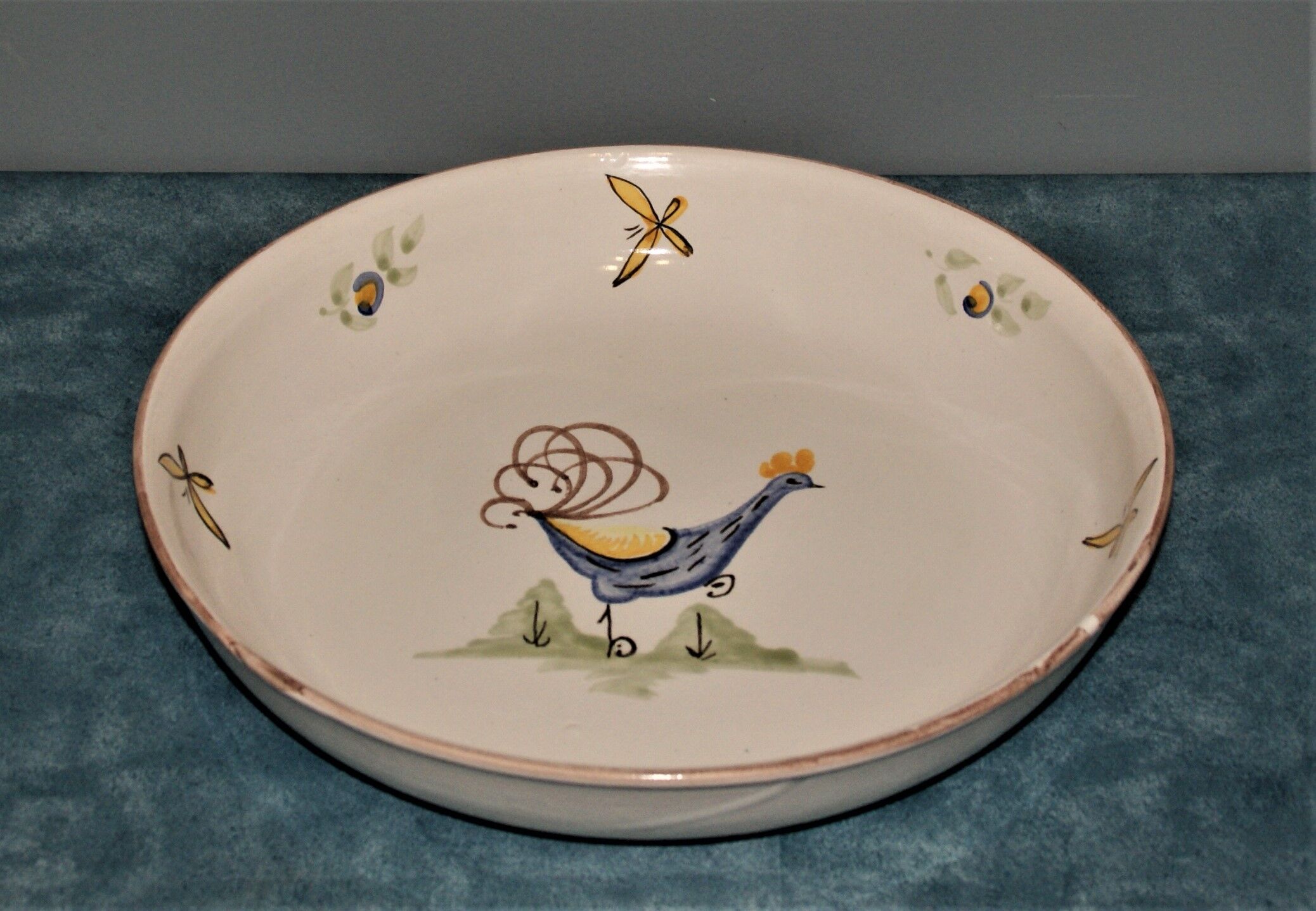 Large dish with rooster decoration, signed