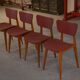Ensemble de 4 chaises design chêne et skaï rouge 1960's